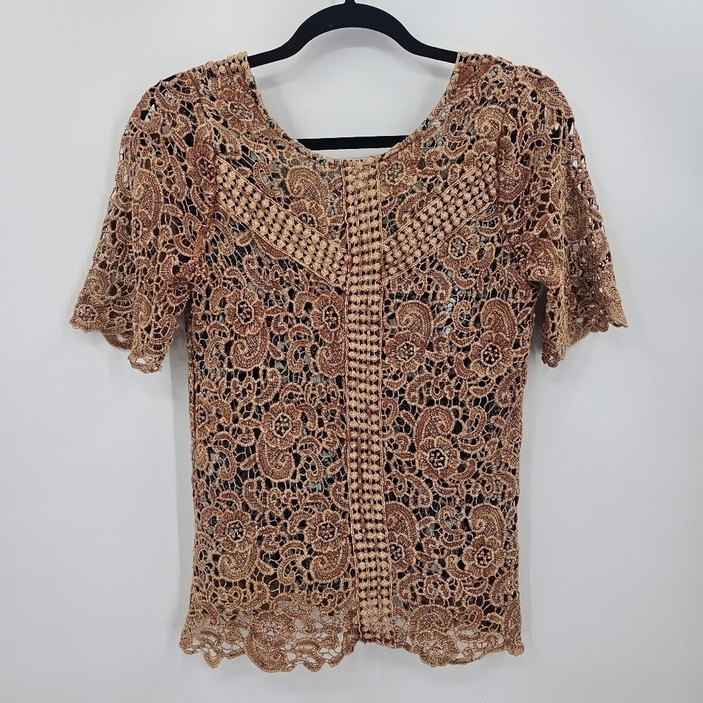 Gimmicks by BKE Brown Crochet Lace Floral Top | Boho Western‎ Vibe | Size XS